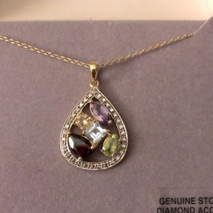 18 kt over Sterling Silver Necklace 18” Chain Genuine Stones with Diamond Accent